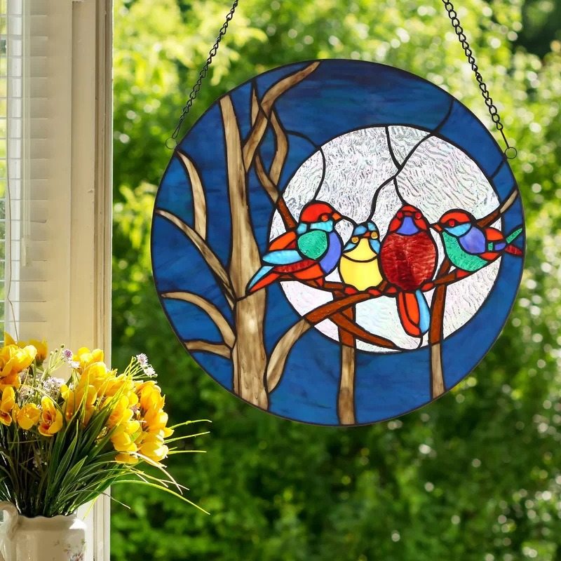Decorative Painted Stained Birds Window Hanging