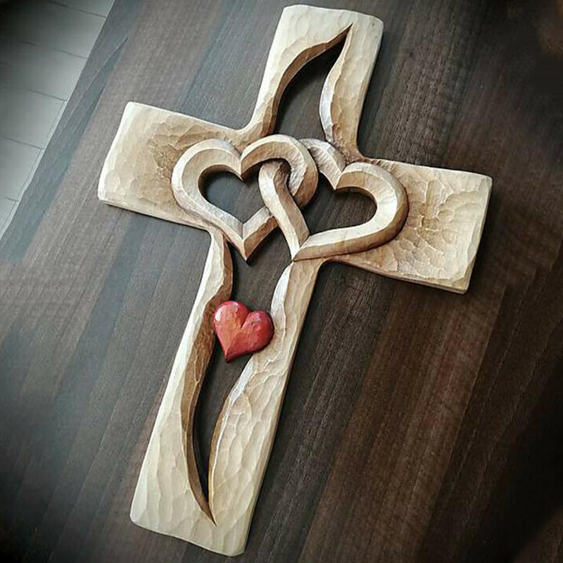 Carved Wooden Cross - Intertwined Hearts💞