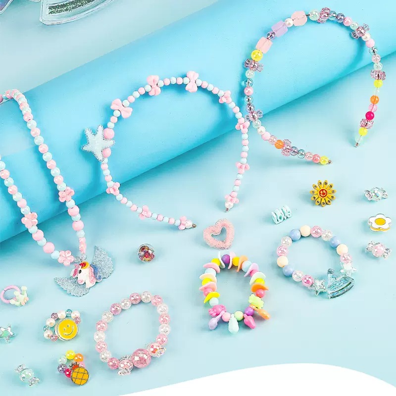 DIY Beads Set with 24 Different Types and Shapes Colorful Acrylic Beads in a Box for Children Necklace and Bracelet Crafts