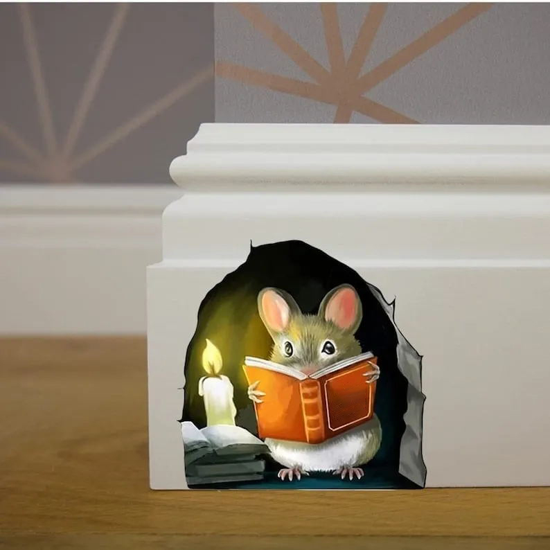 Mouse Reading Book in Mouse Hole - Wall Decal Sticker