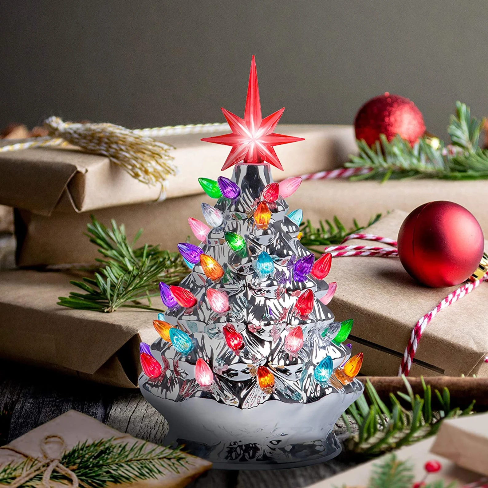 COLORED LIGHTS CHRISTMAS TREE-HANDCRAFTED AND HAND PAINTED