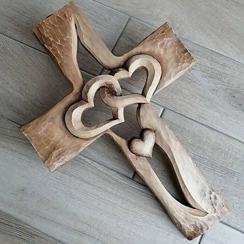 Carved Wooden Cross - Intertwined Hearts💞