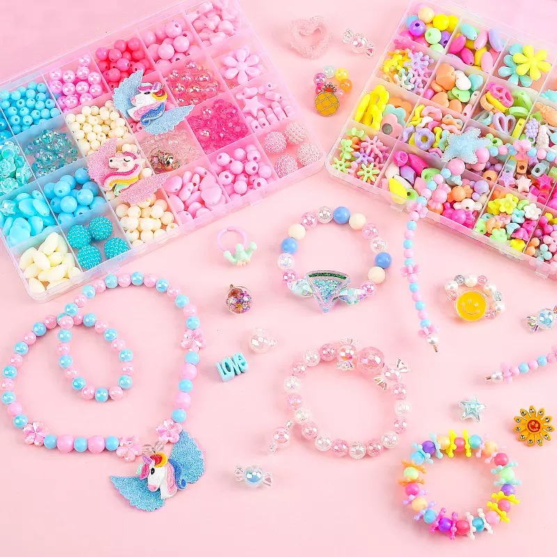 DIY Beads Set with 24 Different Types and Shapes Colorful Acrylic Beads in a Box for Children Necklace and Bracelet Crafts
