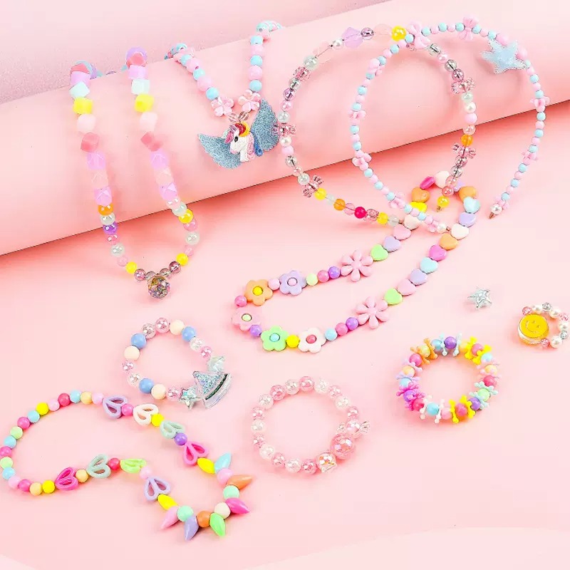 DIY Beads Set with 24 Different Types and Shapes Colorful Acrylic Beads in a Box for Children Necklace and Bracelet Crafts