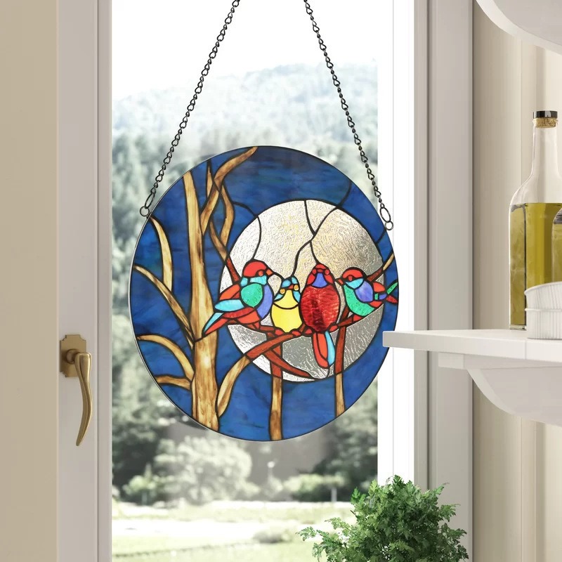 Decorative Painted Stained Birds Window Hanging