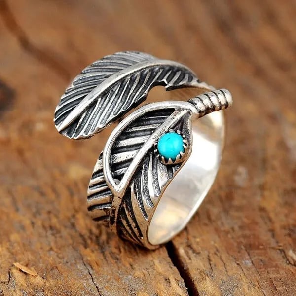🔥HOT SALE🔥Boho Feather Turquoise Adjustable Ring