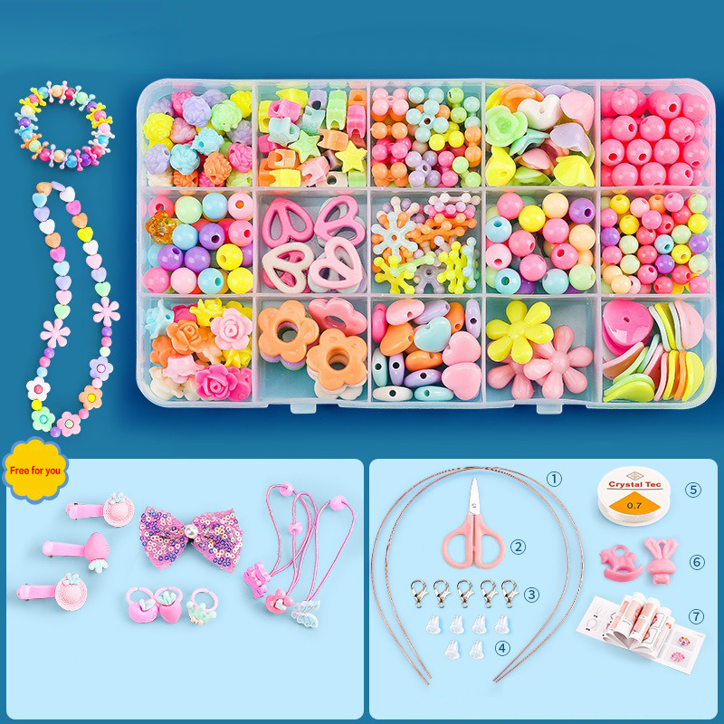 DIY Beads Set with 24 Different Types and Shapes Colorful Acrylic Beads in a Box for Children Necklace and Bracelet Crafts
