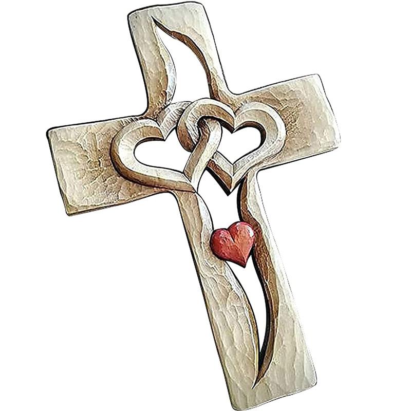 Carved Wooden Cross - Intertwined Hearts💞