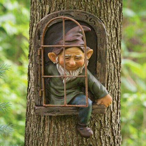 Gnome Leave The Window (Whimsical Tree Sculpture Garden Decoration)