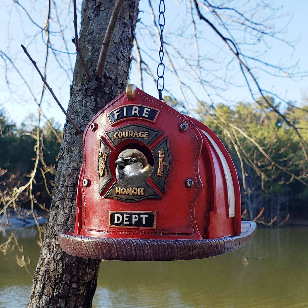 Retro Red Firefighter Helmet Bird House💖