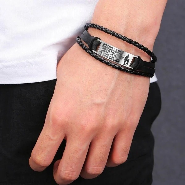 From Mom to Son - Steel & Adjustable Leather Style Bracelet