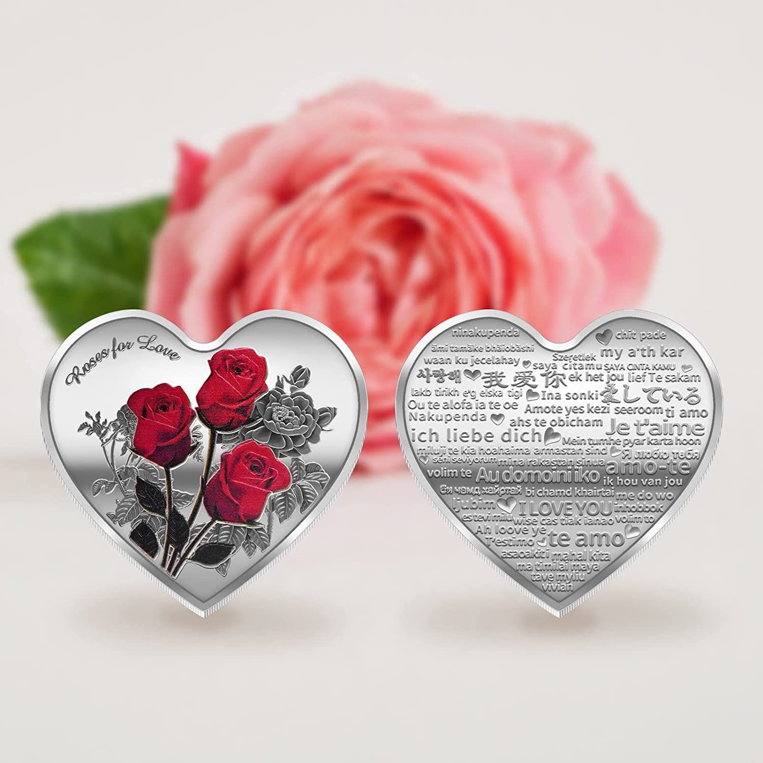 Women Gift Heart Shaped Rose Coin "I Love You" in 52 Languages