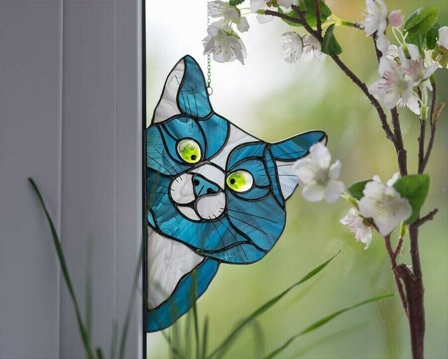 Handmade Stain glass cat suncatcher for window
