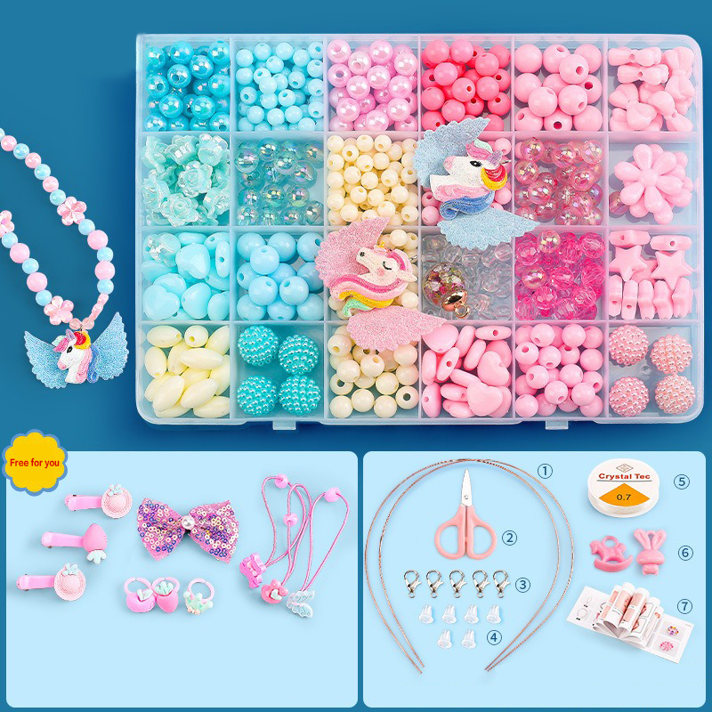 DIY Beads Set with 24 Different Types and Shapes Colorful Acrylic Beads in a Box for Children Necklace and Bracelet Crafts