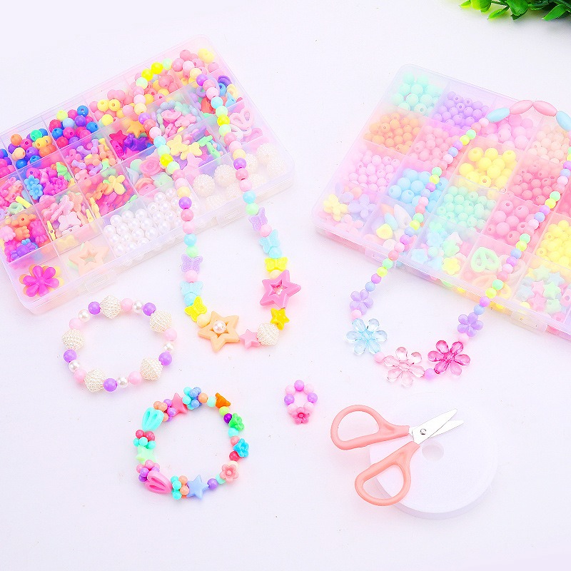DIY Beads Set with 24 Different Types and Shapes Colorful Acrylic Beads in a Box for Children Necklace and Bracelet Crafts
