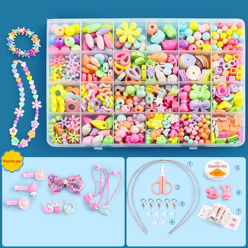 DIY Beads Set with 24 Different Types and Shapes Colorful Acrylic Beads in a Box for Children Necklace and Bracelet Crafts