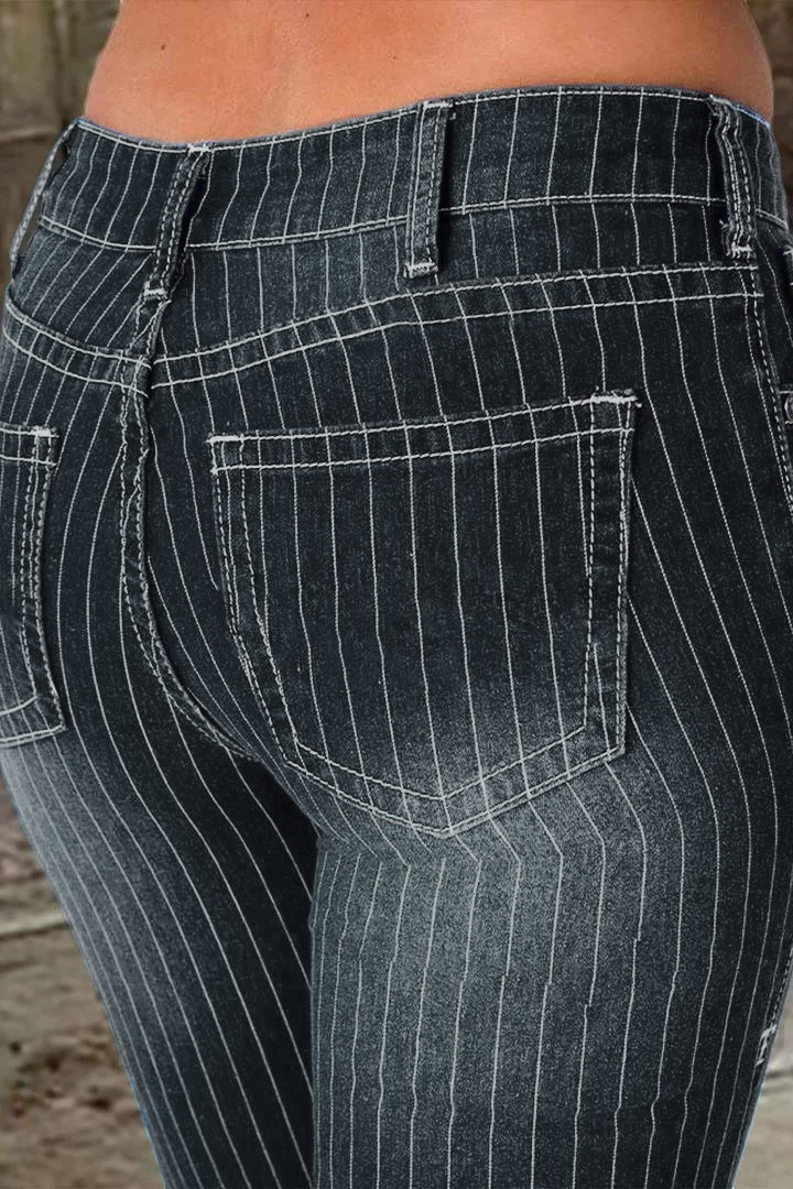 🔥🔥🔥🔥Striped Button Fly Raw Hem Flare Jeans