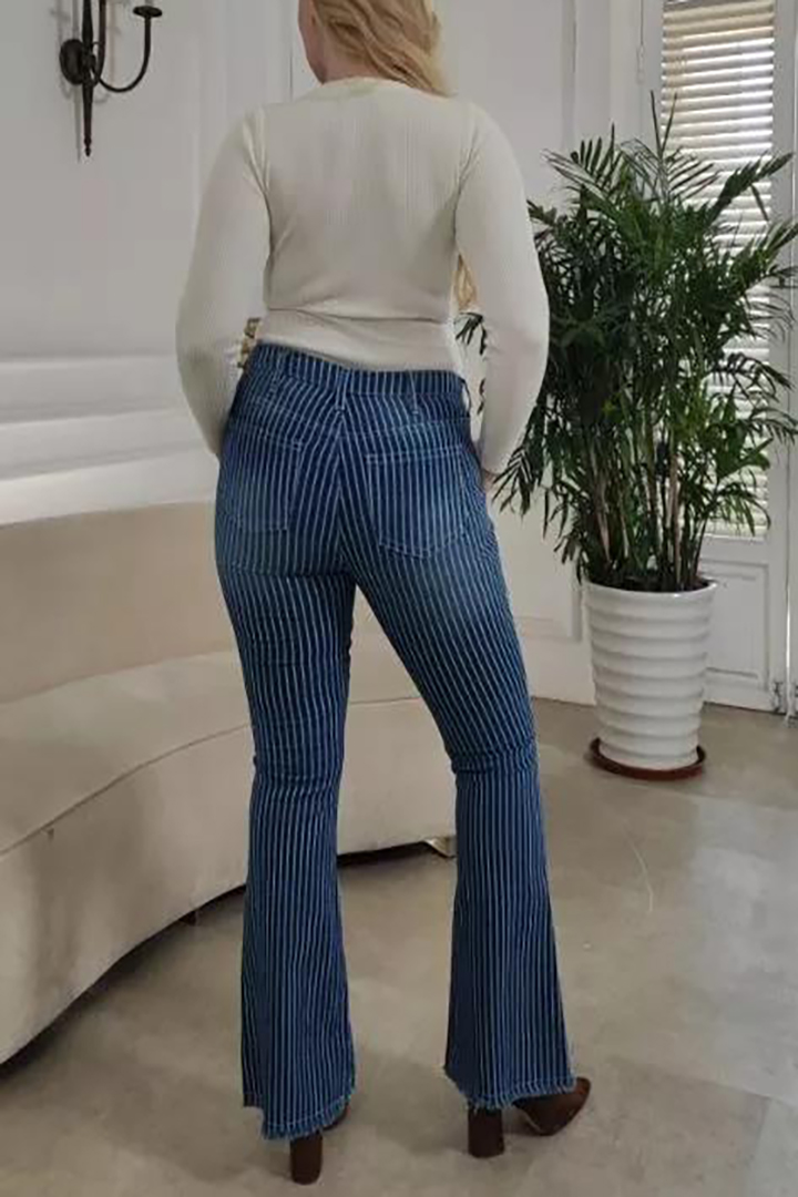 🔥🔥🔥🔥Striped Button Fly Raw Hem Flare Jeans