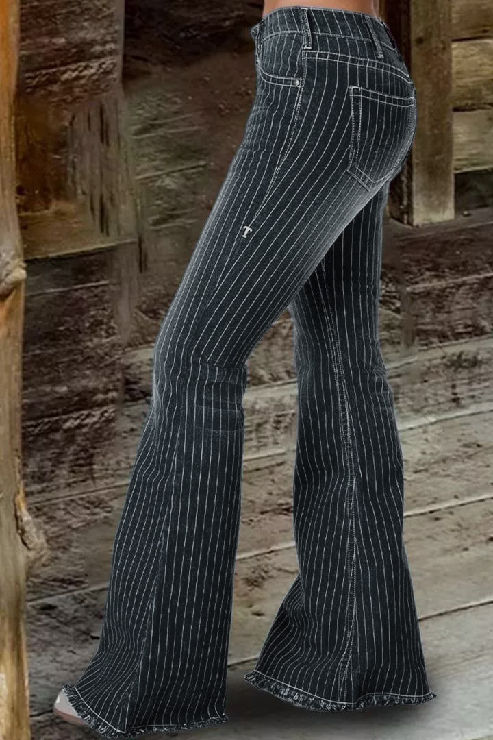 🔥🔥🔥🔥Striped Button Fly Raw Hem Flare Jeans