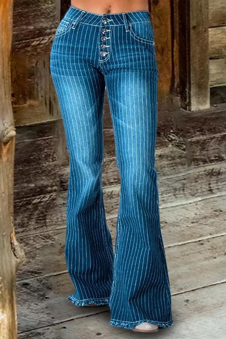 🔥🔥🔥🔥Striped Button Fly Raw Hem Flare Jeans
