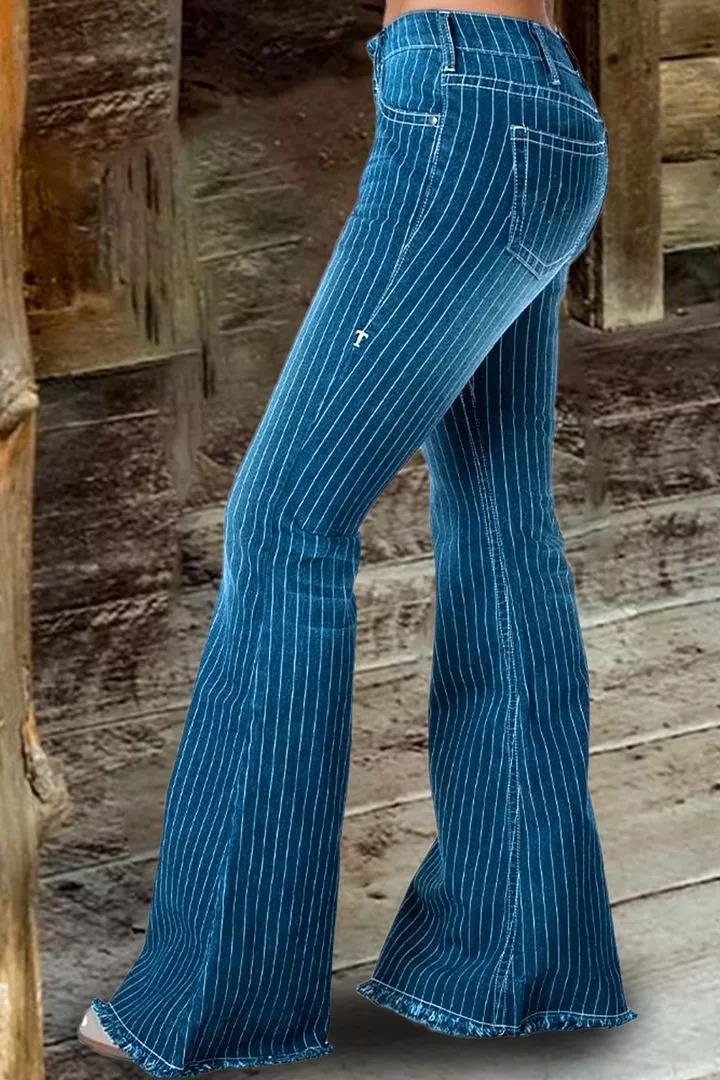 🔥🔥🔥🔥Striped Button Fly Raw Hem Flare Jeans