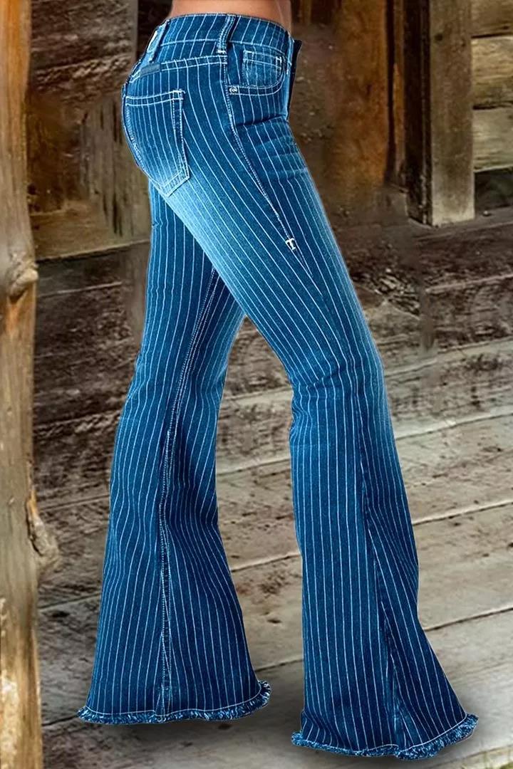🔥🔥🔥🔥Striped Button Fly Raw Hem Flare Jeans