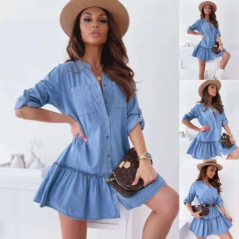 Summer Short Sleeve Solid Color Single Breasted Loose Denim Dress
