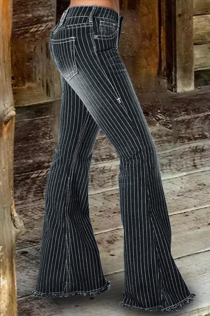 🔥🔥🔥🔥Striped Button Fly Raw Hem Flare Jeans
