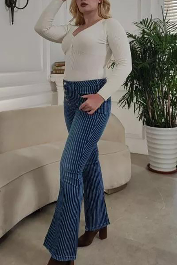 🔥🔥🔥🔥Striped Button Fly Raw Hem Flare Jeans