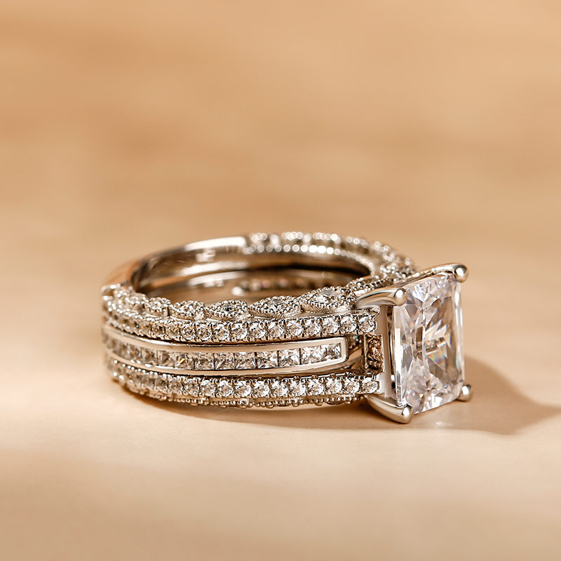 5 Carat Sparkling Moissanite Interchangeable Radiant Cut Ring Set