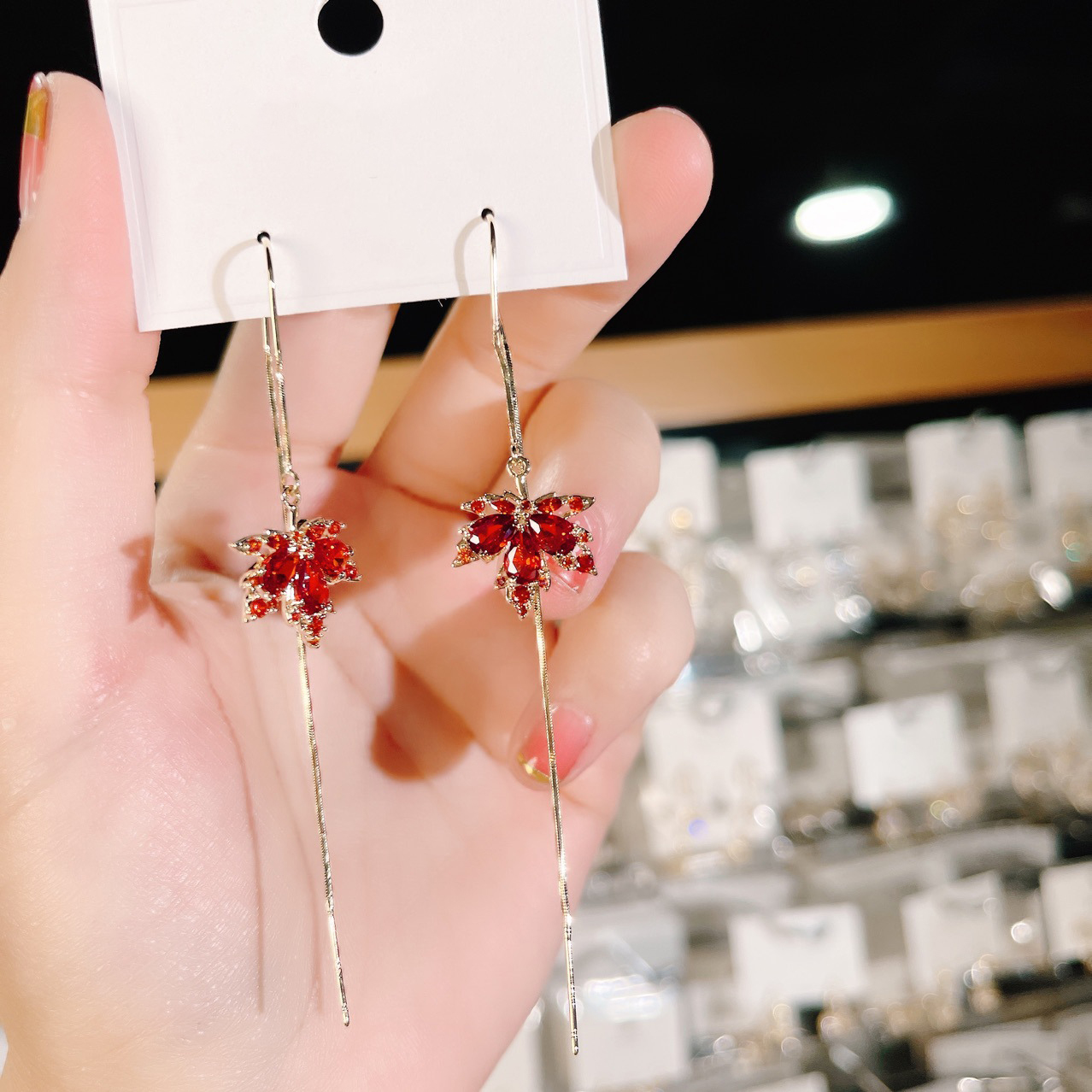 Shiny Crystal Maple Tassel Earrings