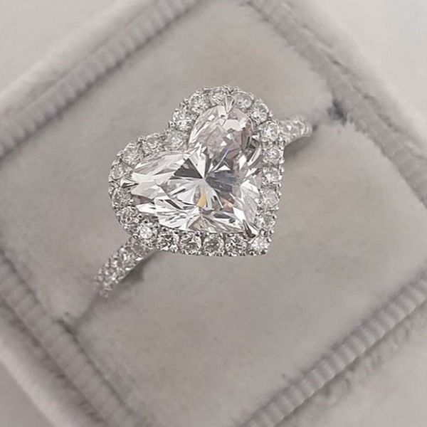 French-Set Heart Halo Moissanite Ring