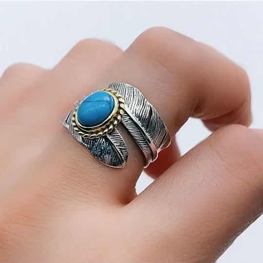 925 Sterling Silver Boho Feather Turquoise Adjustable Ring
