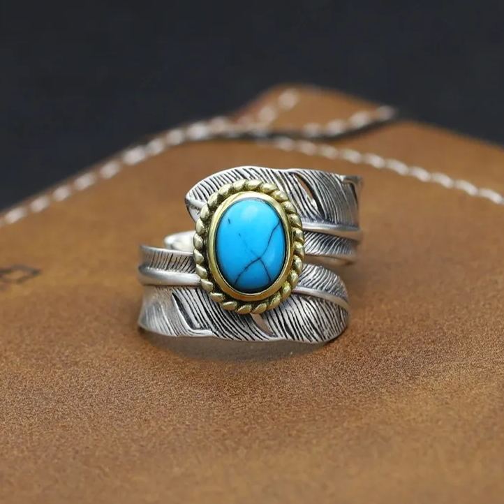 925 Sterling Silver Boho Feather Turquoise Adjustable Ring