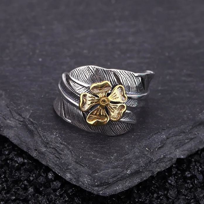 925 Sterling Silver Boho Feather Turquoise Adjustable Ring