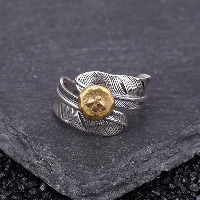 925 Sterling Silver Boho Feather Turquoise Adjustable Ring