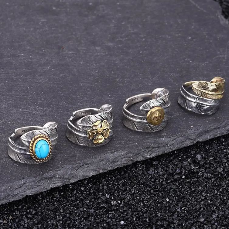 925 Sterling Silver Boho Feather Turquoise Adjustable Ring