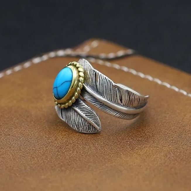 925 Sterling Silver Boho Feather Turquoise Adjustable Ring