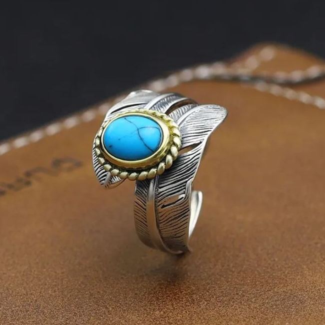925 Sterling Silver Boho Feather Turquoise Adjustable Ring