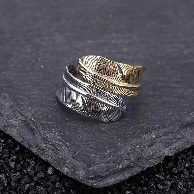 925 Sterling Silver Boho Feather Turquoise Adjustable Ring