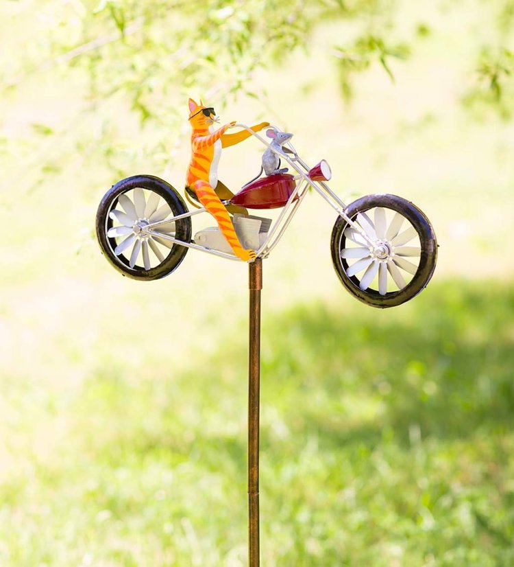 Metal Cat on Motorcycle With Spinning Wheels Wind Spinner