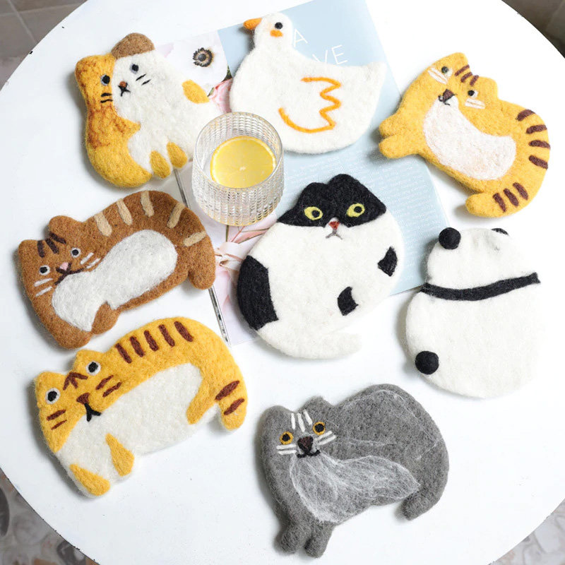 🐱Cute Handmade Wool Felt Animal Kitty Cat Cup Coasters