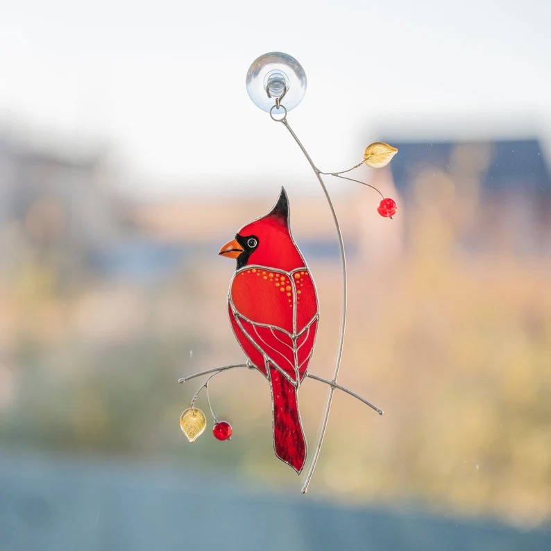 Cardinal stained glass bird suncatcher