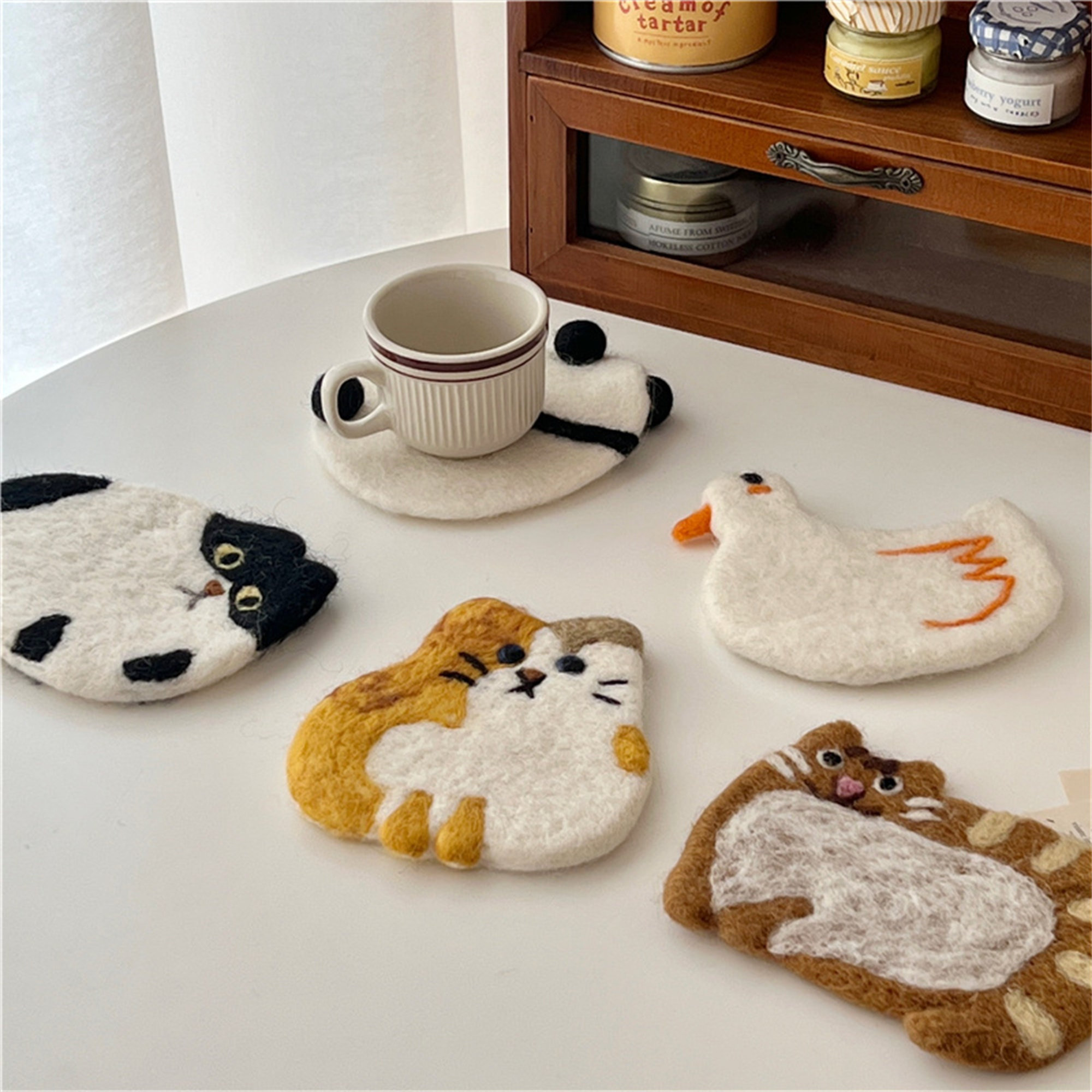 🐱Cute Handmade Wool Felt Animal Kitty Cat Cup Coasters