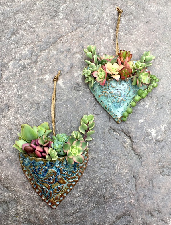 2 succulent hearts planted and ready to hang