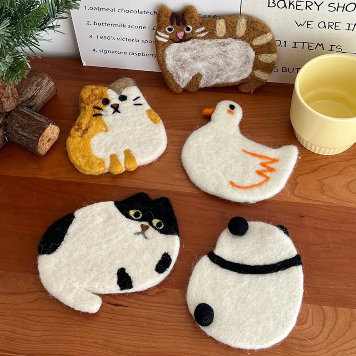🐱Cute Handmade Wool Felt Animal Kitty Cat Cup Coasters