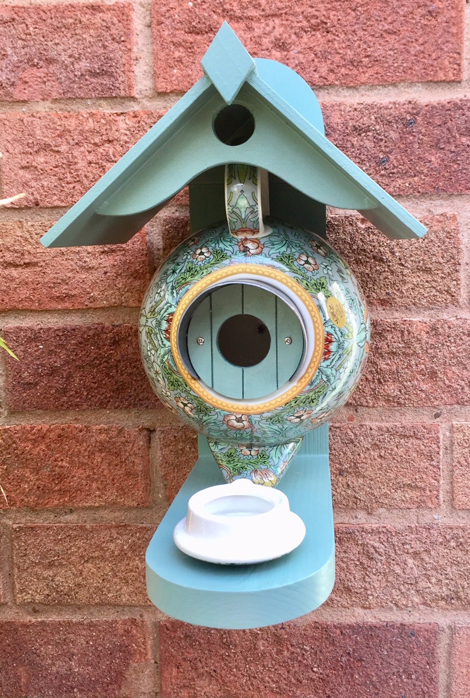 William Morris Teal Teapot Bird House and Feeder