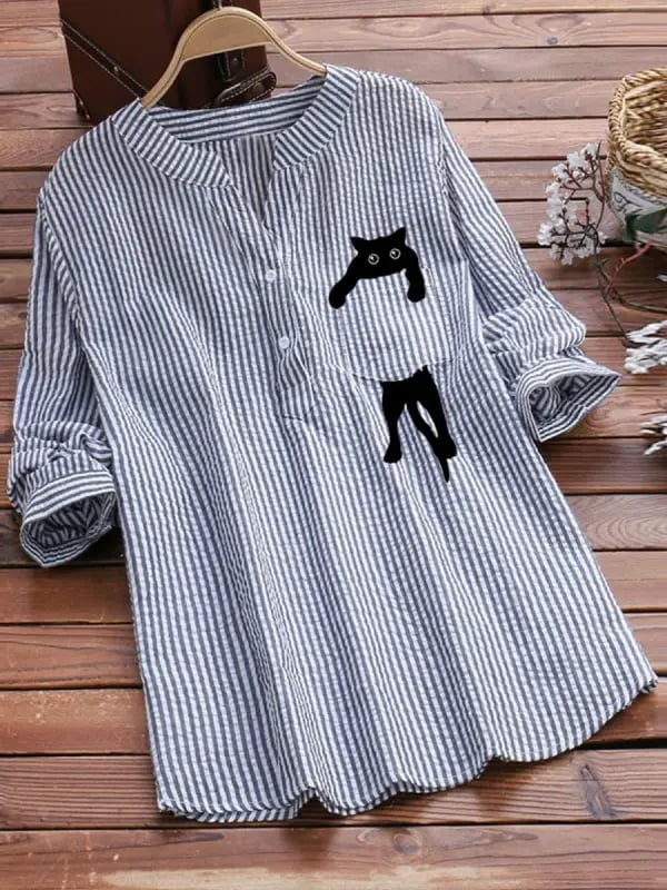 🔥LAST DAY 49% OFF-V-neck Cotton And Cat Print Long Sleeve Blouse