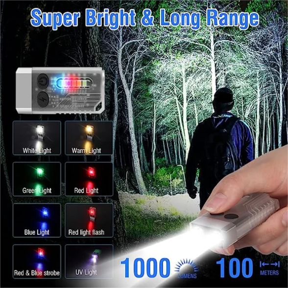 Small Powerful EDC Flashlight with Red UV Blue Light -Super Bright 1000LM