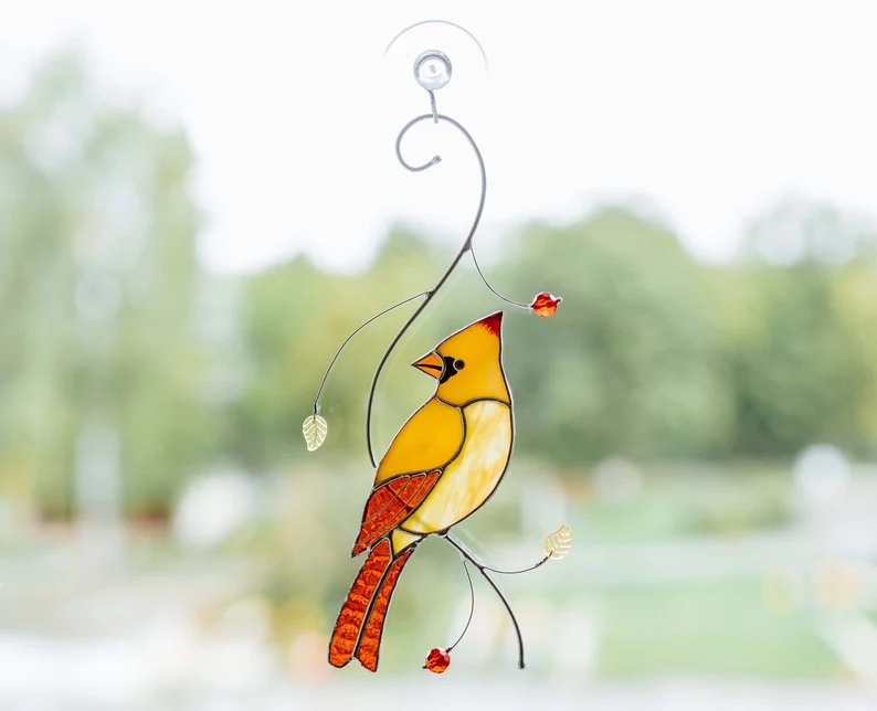 Cardinal stained glass bird suncatcher